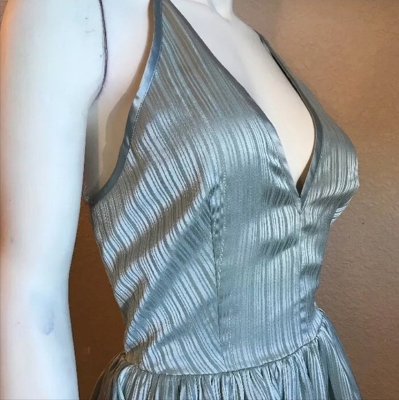 BEBE Metallic Teal Shadow Stripe Neck Halter Dress Crochet Lace Raceback NWT - Picture 7 of 9